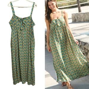 Natural Life PATTI Tie Neck Sundress Size XL Green Fan Print Deep Side Slits NEW